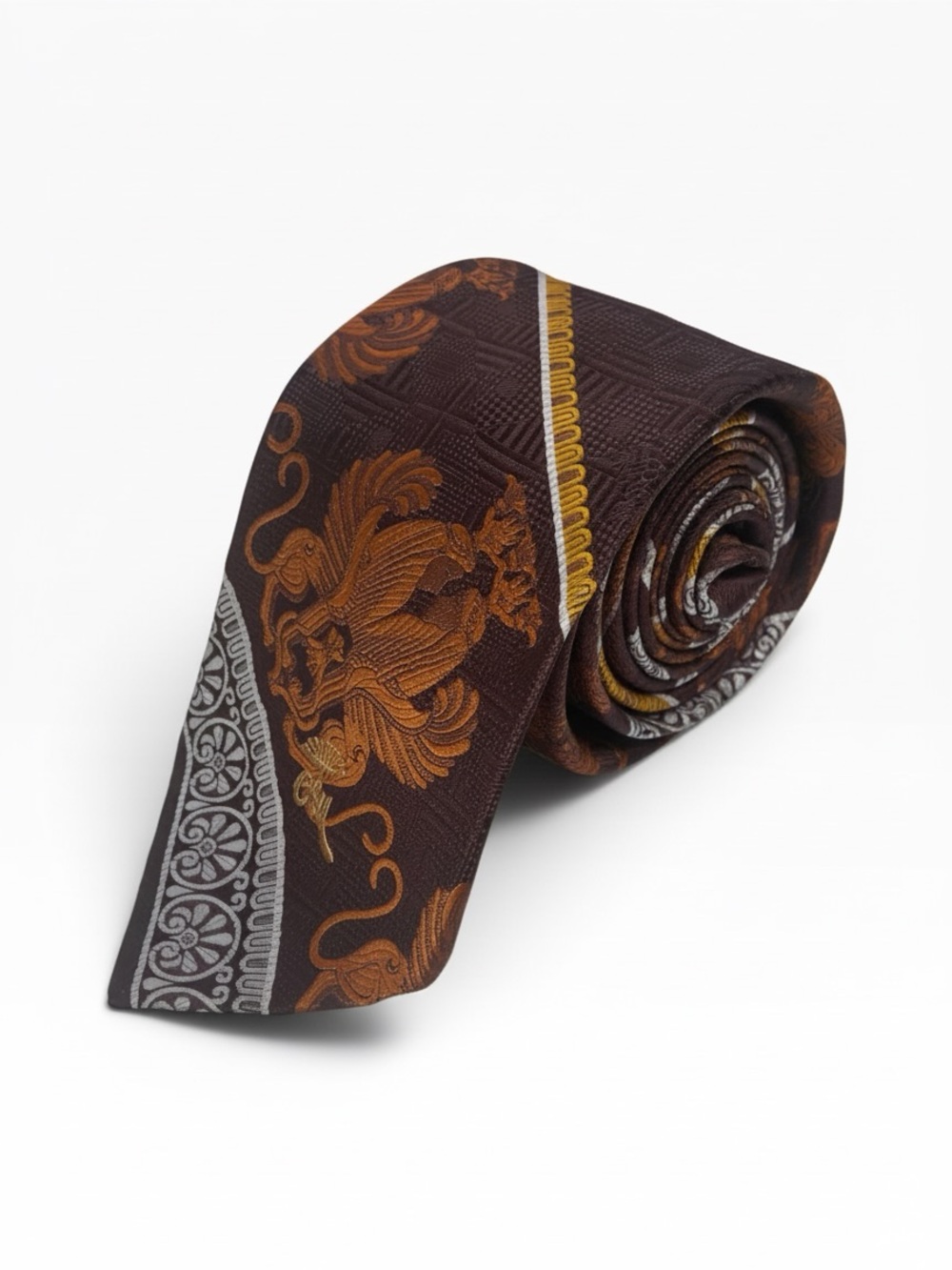 Vintage Countess Mara Italy Woven Mens Tie Brown Orange Crest Lou Davidson Retro